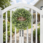 20" Boxwood Wreath for Front Door - UV Resistant Artificial Greenery Wreath with Detachable Hello Sign & Sash, All-Season Spring or Summer Wreaths Decorative Wreath for Indoor/Outdoor Wall