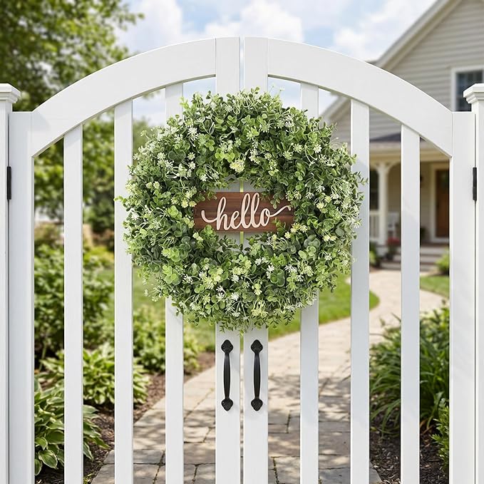 20" Boxwood Wreath for Front Door - UV Resistant Artificial Greenery Wreath with Detachable Hello Sign & Sash, All-Season Spring or Summer Wreaths Decorative Wreath for Indoor/Outdoor Wall