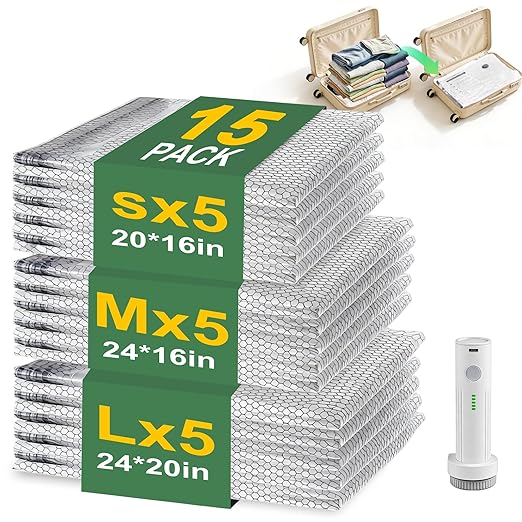 Vacuum Seal Bags for Clothing with Wireless Electric Pump - Travel & Home Use, 15 Pack Ideal Space Saver Vacuum Storage Bags, Ultimate Travel Vacuum Bags for Luggage