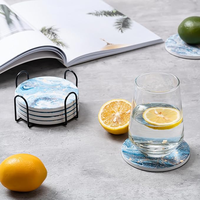 Hoewina 6Pcs Drink Coasters with Holder, Marble Style Ceramic Drink Coaster, Absorbent Coasters Set Suitable for Kinds of Cups, Modern Style Coaster for Coffee Table, 4 Inches（Style 9）