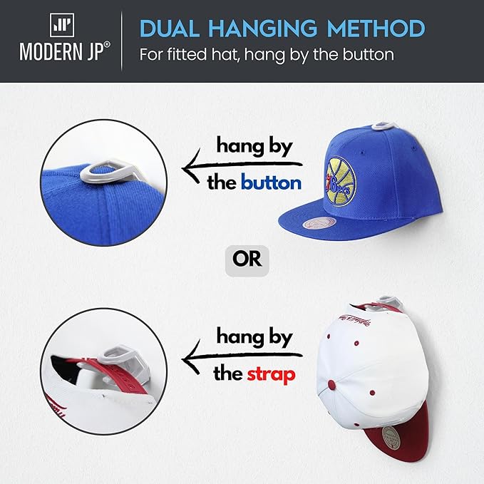 Modern JP Adhesive Hat Hooks for Wall (16-Pack) - Hat Rack for Baseball Caps, Minimalist Hat Display, Strong Hold Hat Hangers for Wall - USA Patented, White