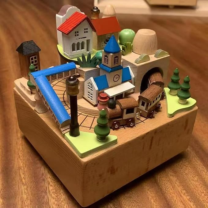 Natural Solid Wood Handcrafted Beech Wooden, Musical FigureTotoro/Carousel/Fairy/Ballerina Figurine,Rotating Hand Crank Mechanism Music Box,Musical Decorations (Bell Tower and Train)