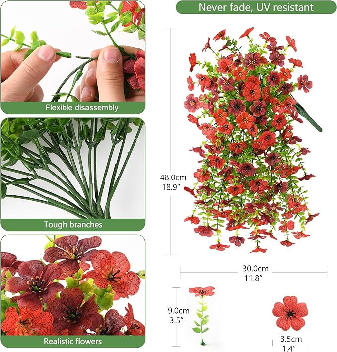 INQCMY 2Pcs Artificial Fake Hanging Flowers for Outdoors UV Resistant Artificial Plants for Spring Summer Decor Look Real Faux Flowers for Outside Home Planter Porch Patio Decor