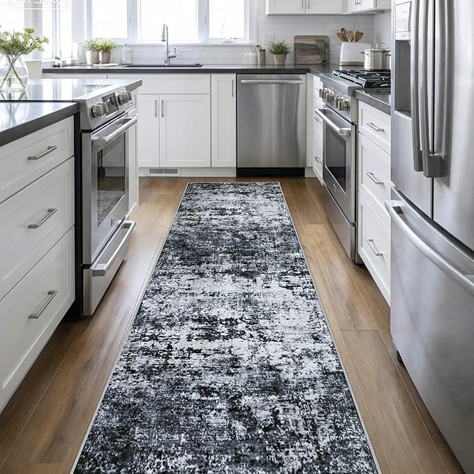 Washable Area Rug 3x14 Entryway Rug: Washable Modern Abstract Soft Thin Rug Indoor Floor No Slip Stain Resistant Carpet for Bedroom Dining Room Farmhouse Nursery Home Office - Black