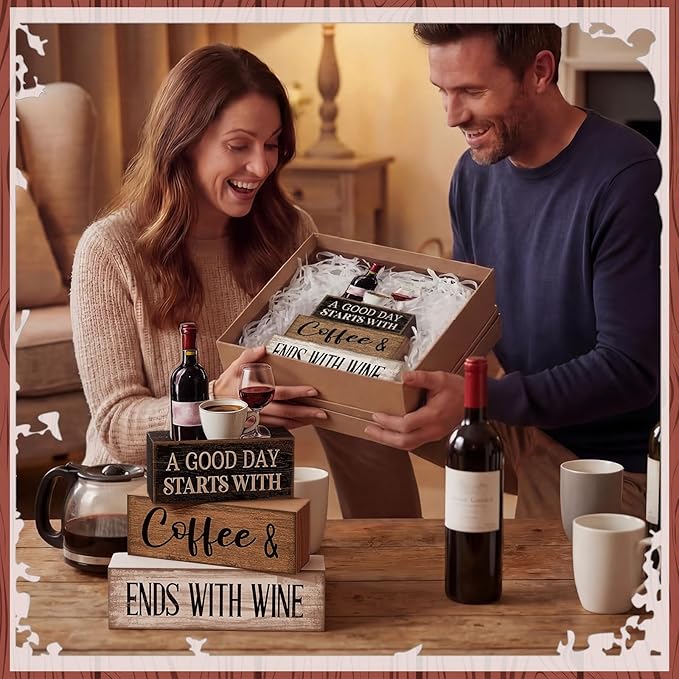 Lineshading 4 Pcs Farmhouse Kitchen Decor Wooden Stacked Block Sign with Wine Bottle, Coffee Cup & Glass Sculpture a Good Day Starts with Coffee Ends with Wine Sign for Home & Bar Housewarming Gift
