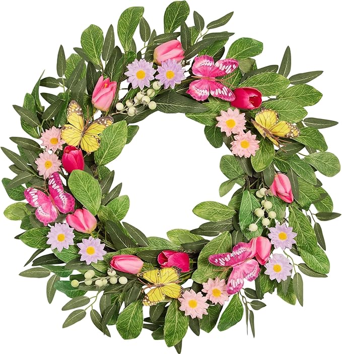 Artificial Spring Summer Wreaths with Tulips Daisies Butterflies Berries Olive Green Leaves Handmade Floral Wreath for Front Door Farmhouse Indoor Outdoor Wedding Home Decor