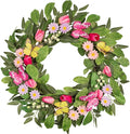 Artificial Spring Summer Wreaths with Tulips Daisies Butterflies Berries Olive Green Leaves Handmade Floral Wreath for Front Door Farmhouse Indoor Outdoor Wedding Home Decor