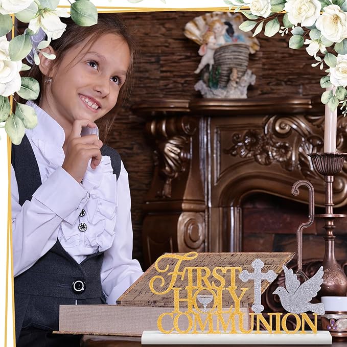 Teenyyou First Holy Communion Sign 1st Communion Decoration Baptism Centerpiece for Table God Bless Gift Metal Word Sign with Wooden Base for Baptism Shower Party Tabletop Desk Decor