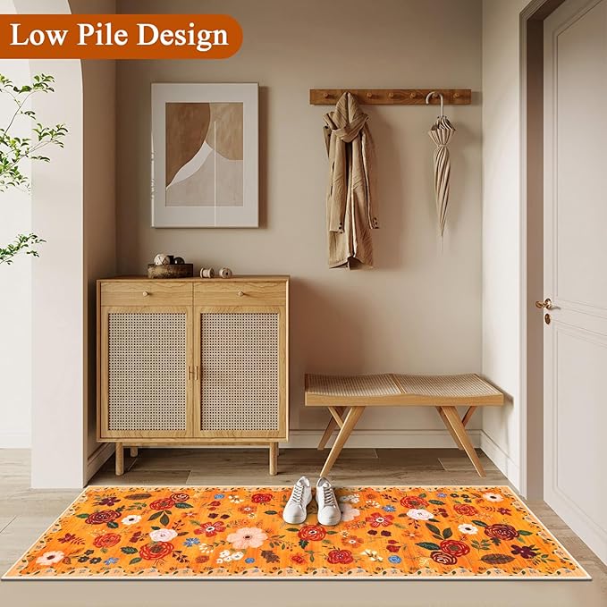 U'Artlines 2'6" x 8' Fall Boho Runner Rug for Hallways Kitchen Colorful Floral Soft Non Slip Washable Floor Carpet Runners for Entryway Laundry Room Bathroom Orange