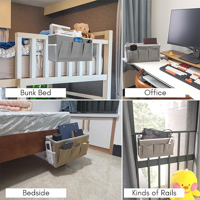 Bedside Caddy Hanging Storage Bag, Organizer Baskets with Pockets for Bunk Bed Accessories, Loft & Dorm Rooms Chair Bed Rails (Gray_1pcs)