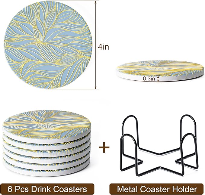 Hoewina 6Pcs Drink Coasters with Holder, Marble Style Ceramic Drink Coaster, Absorbent Coasters Set Suitable for Kinds of Cups, Modern Style Coaster for Coffee Table, 4 Inches（Gilded Relief