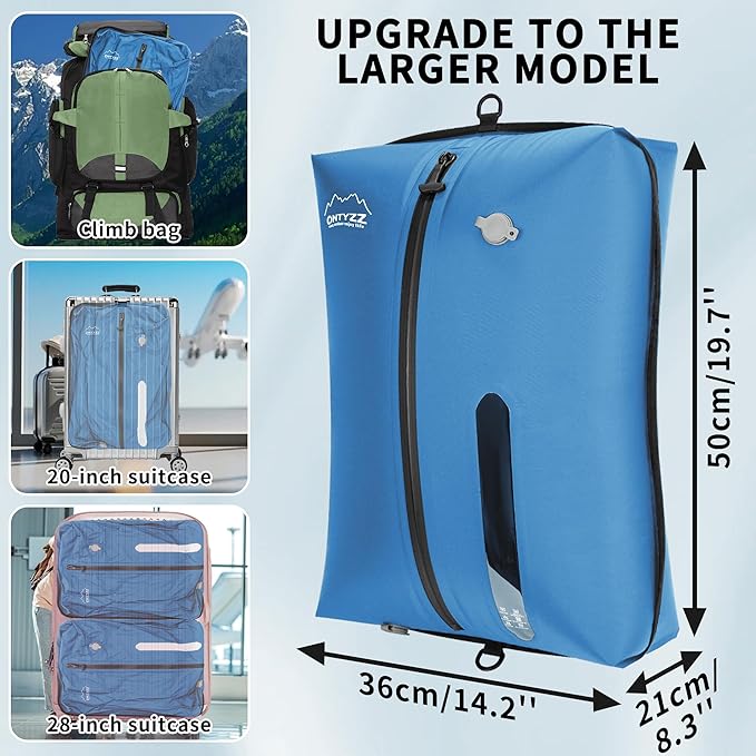 ONTYZZ Vacuum Bags for Travel, Reusable Vacuum Compression Bag, Recycled IPX8 Waterproof Space Saver Bag for Luggage/Camping/Home Storage (2 Pack with Air Pump-Blue)