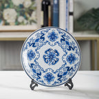 Decorative Plates Blue and White Porcelain Plates of 26cm Oriental Floral Pattern Ceramic Craft for Ornaments Giving Plates, 1 Plate with 1 Display Stand