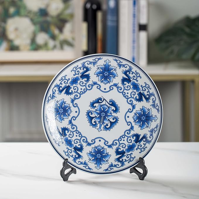 Decorative Plates Blue and White Porcelain Plates of 26cm Oriental Floral Pattern Ceramic Craft for Ornaments Giving Plates, 1 Plate with 1 Display Stand