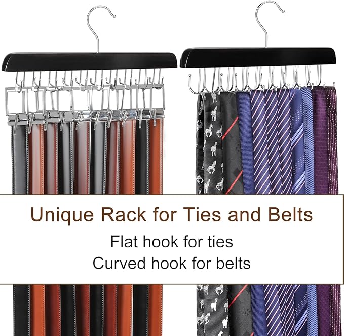 TOPIA HANGER 20 Hooks Belt Tie Hanger Space Saving for Closet, 2 IN 1 Belt Ties Racks Max 30 Belts with 30 Ties Capacity, Curved with Flat Hooks for Belts,Ties,Bras,Closet Organizers and Storage CT69B