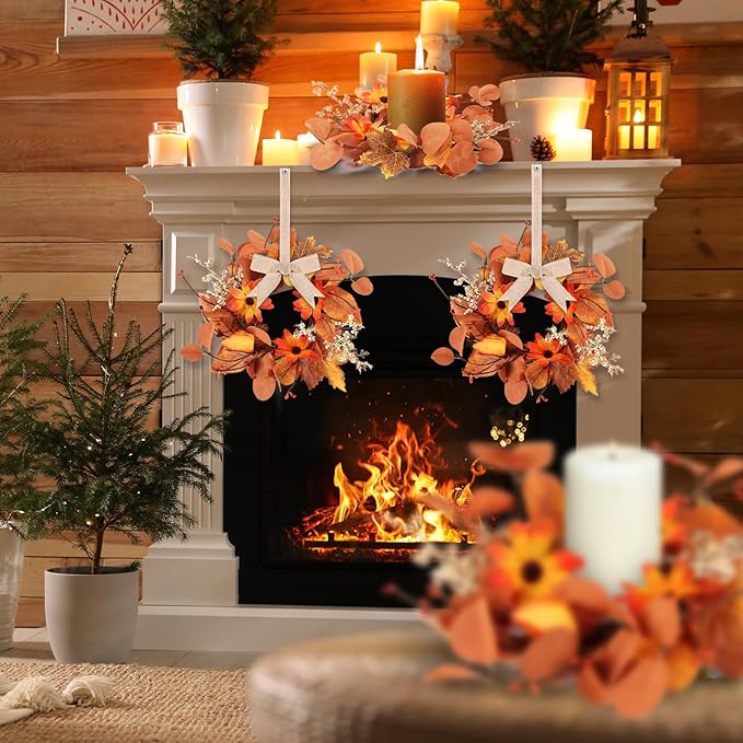 4 Pcs 3 Inch Fall Floral Wreaths Autumn Harvest Sunflowers Pumpkins Leaves Berries Hanging Candle Rings Wreath Mini Thanksgiving Table Centerpiece Wreath for Pillar Cabinets Farmhouse Decoration