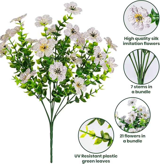 Lnoicy 20 Bundles Artificial Flowers for Outdoor Fake Plants for Spring Decoration,Faux Eucalyptus Flowers for Planter UV Resistant Lifelike for Home Porch Garden（White）