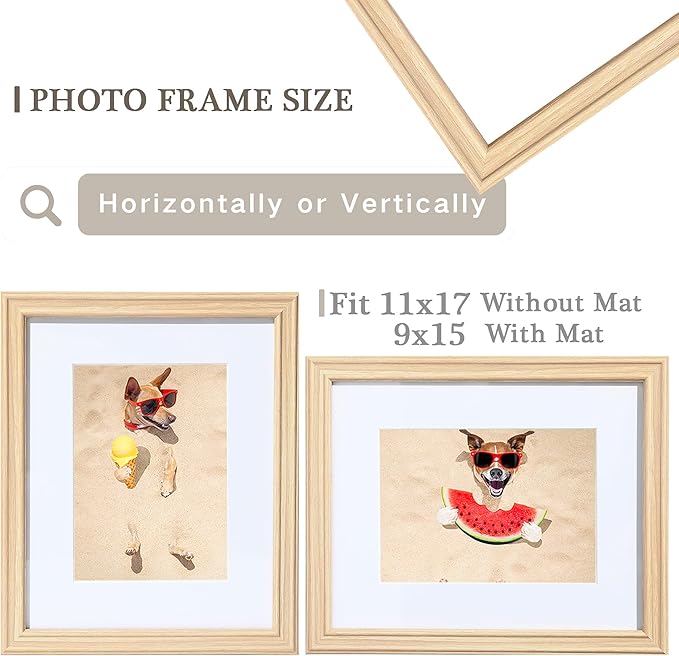 11x17 Picture Frame for Wall, Natural Wooden Frame 11 By 17 Poster Photo Frame with Real Glass,Display Pictures 9x15 with Mat or 11 x 17 Without,Art Frame,Perfect for Home Gifts
