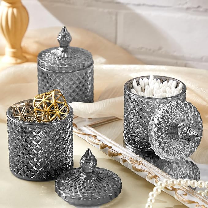 Aoriher 4 Pcs Crystal Glass Candy Jar Set with Lids Home Decorative Storage Jars for Apothecary, Bathroom, Kitchen, and Pantry, Ideal for Cotton Swabs and Jewelry(Medium,Gray)