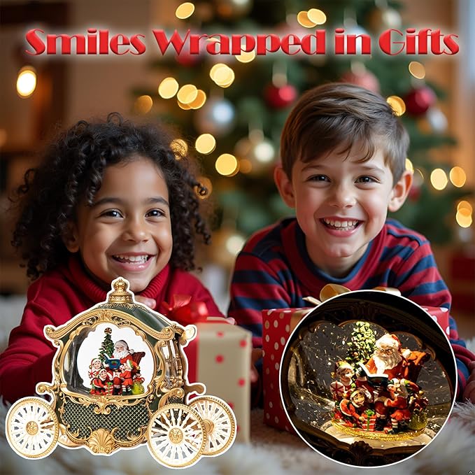 Christmas Green Carriage Snow Globe Lantern with Gift Box - Santa Scene Water Lantern with Glitter Snow - Musical Holiday Decor with LED Light - Battery Or USB Cable Powered Operated(Green with gold)