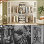 Aheaplus Closet System, 4-9Ft Closet Organizer with 4 Wooden Drawers, Wood Closet Organizer System with Tower, Walk-in Closet Organizer Wardrobe Garment Clothes Rack with 4 Hanging Rods, Grey