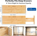 4 Pack Deep Drawer Dividers, 8" High Bamboo Expandable Drawer Organizers, 17-22" Adjustable Tension Separators, Large Drawer Dividers for Kitchen, Bedroom Dresser, Baby Nursery & Bathroom