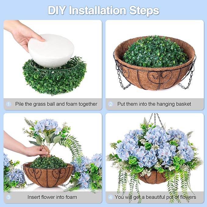 Artificial Hanging Hydrangea Flowers with Basket for Outdoor Spring Decoration, Fake Silk Hydrangea Flower Outdoor Indoor Arrangements, Fake Hanging Plants for Balcony Garden Yard Decor(Blue)