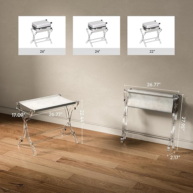 Byingo Acrylic Luggage Rack, Fancy Foldable Suitcase Stand with PET Fabric Shelf for Guest Room, Bedroom, Hotel, Holds Up to 50-100 lb, Modern, Portable, Easy to Use, Heavy-Duty