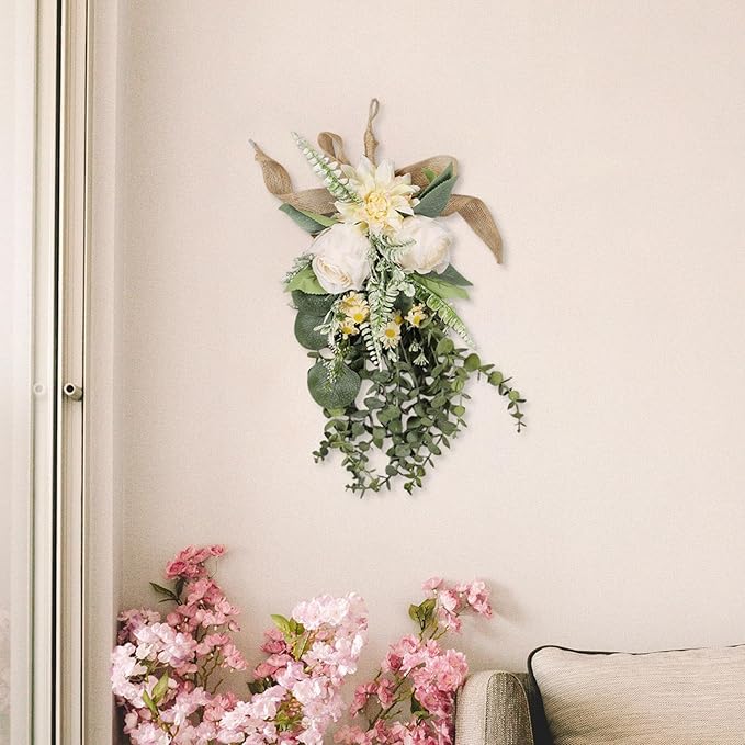 Qianly Artificial Floral Swag Garland Outdoor Indoor, Decorative, Flower Teardrop Wreath, Hanging for Office Holidays Festivals Wall, Champagne Color