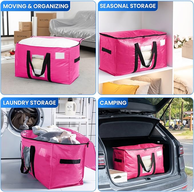 TAILI 12 Pack Pink Extra Large Moving Bags, Heavy Duty Totes with Visible Window, Wrap Around Handles, Space-Saving Storage Solution, Alternative to Moving Boxes