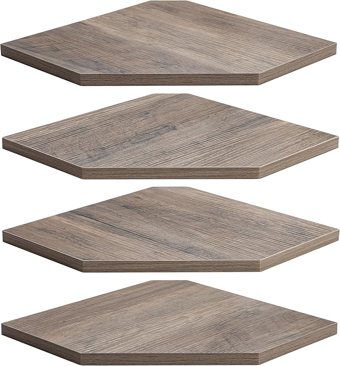 Fun Memories Corner Shelf Wall Mount, Corner Floating Shelves, Set of 4 Corner Wall Shelf Organizer, Rustic Wood Wall Storage Display Shelves for Living Room Bedroom Bathroom Kitchen, Rustic Grey