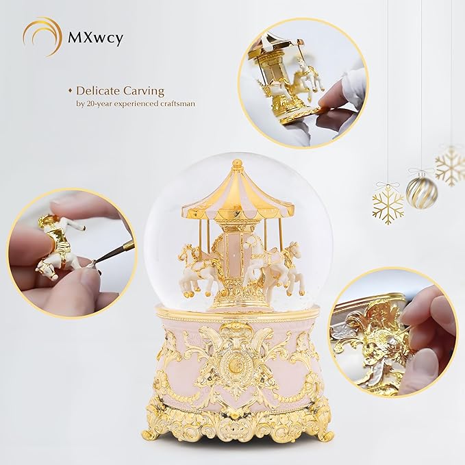 Carousel Music Box Gold Pink Christmas Snow Globes, 7.1" Glass Rotate Carousel Snow Globe for Kids & Adults, Classic Wind up Musical Snow Globe Valentines Day Gifts, Carousel Horse Home Decor