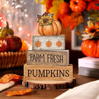 Lineshading 4 Pcs Fall Pumpkin Decor Fall Table Decoration Thanksgiving Tiered Tray Decor Thanksgiving Centerpiece Rustic Decorative Pumpkin Block Signs Farmhouse Harvest Decoration for Home Kitchen