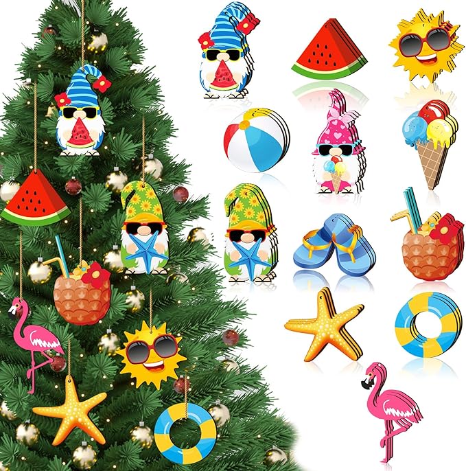 Geelin 36 Pcs Summer Wood Hanging Ornaments for Tree Mini Tree Decorations Hawaiian Beach Wooden Pendant Decorations with String for Luau Party Supplies(Gnome)