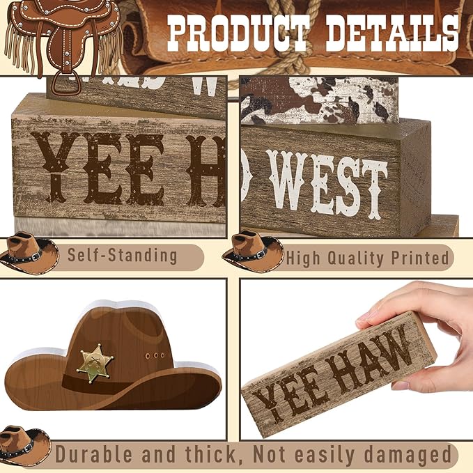 Yuntau 4 Pcs Western Tiered Tray Decorations Set Cowboy Hat Stack Block Signs Desert Farmhouse Rustic Tabletop Tiered Tray Decor for Table Shelf Home Office