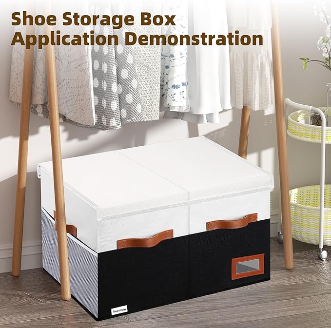 Shoe Organizer for Closet, Foldable Shoe Storage Bins with Lid & Adjustable Dividers, Fabric Shoe Box Storage Containers with Four Reinforced Handles, Fits 16 Pairs, 1 Pack, Black & White
