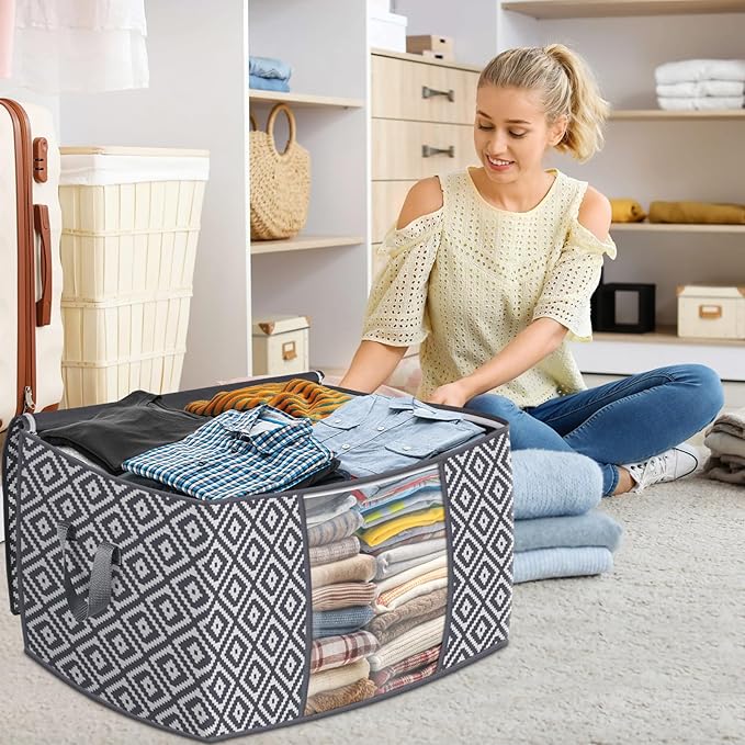 Direct 100L, 6 Pack, Storage Containers, Large Clothes Storage Bins Foldable Organization and Storage Bags with Reinforced Handle, Clear Window for Bedding, Blankets, Clothing, Grey