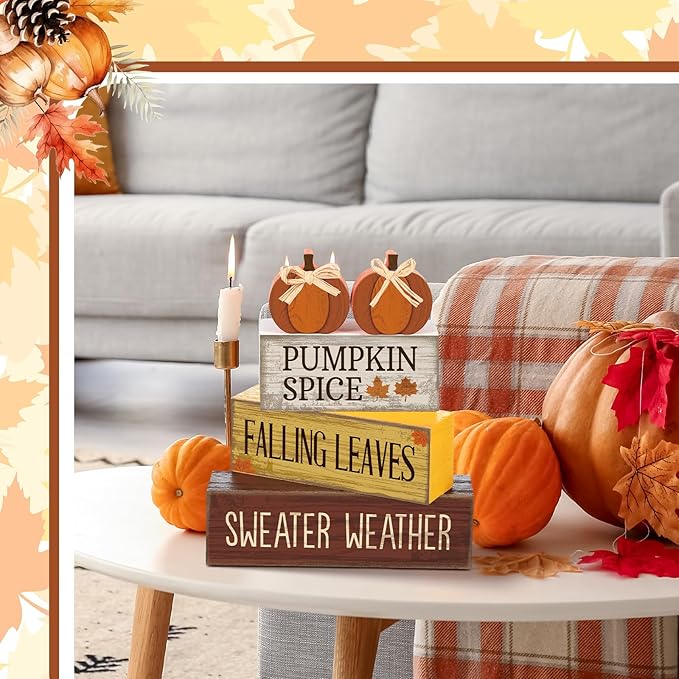 Lineshading 4 Pcs Fall Pumpkin Decor Fall Table Decoration Thanksgiving Tiered Tray Decor Thanksgiving Centerpiece Rustic Decorative Pumpkin Block Sign Gift Farmhouse Autumn Table Sign for Home
