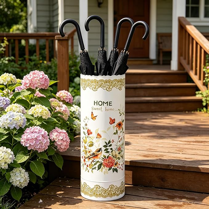 Vintage Metal Umbrella Holder Rustic Round Umbrella Stand Entryway Decorative Organizer Bucket for Home/Office/Farmhouse - Holds Multiple Umbrellas Canes & Walking Sticks (White)