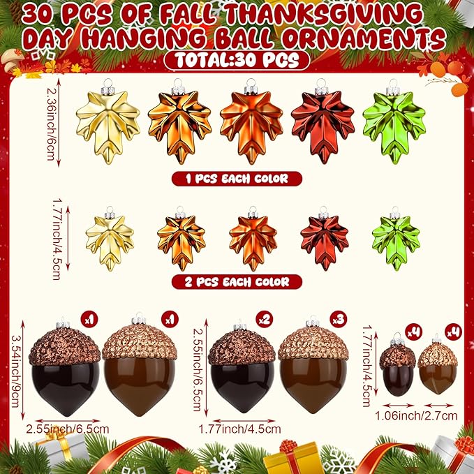 Soaoo 30 Pcs Acorn Hanging Ornaments for Winter Tree Maple Leaves Plastic Hanging Pendant Small Winter Decorations for Home Table Fireplace Party Decor(Glossy Style)