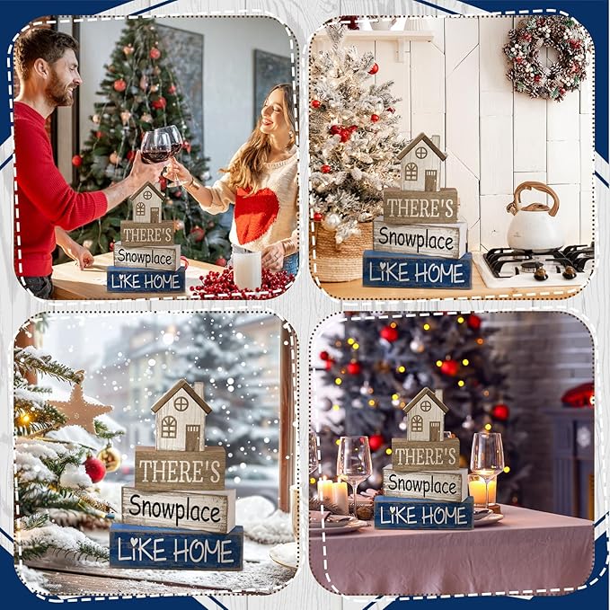Lineshading 4 Pcs Christmas Table Decoration Wooden House Decor Christmas Tiered Tray Decor Rustic Decorative Home Block Signs Gifts Winter Centerpieces Farmhouse Sweet Home Decoration for Shelf