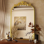 VooBang 26x38 inch Vintage Arched Bathroom Mirror - Gorgeous Wall Vanity Mirror with Beautiful Retro Top and Bottom Engraving Process Frame for Entryway Hallway Living Room, Gold