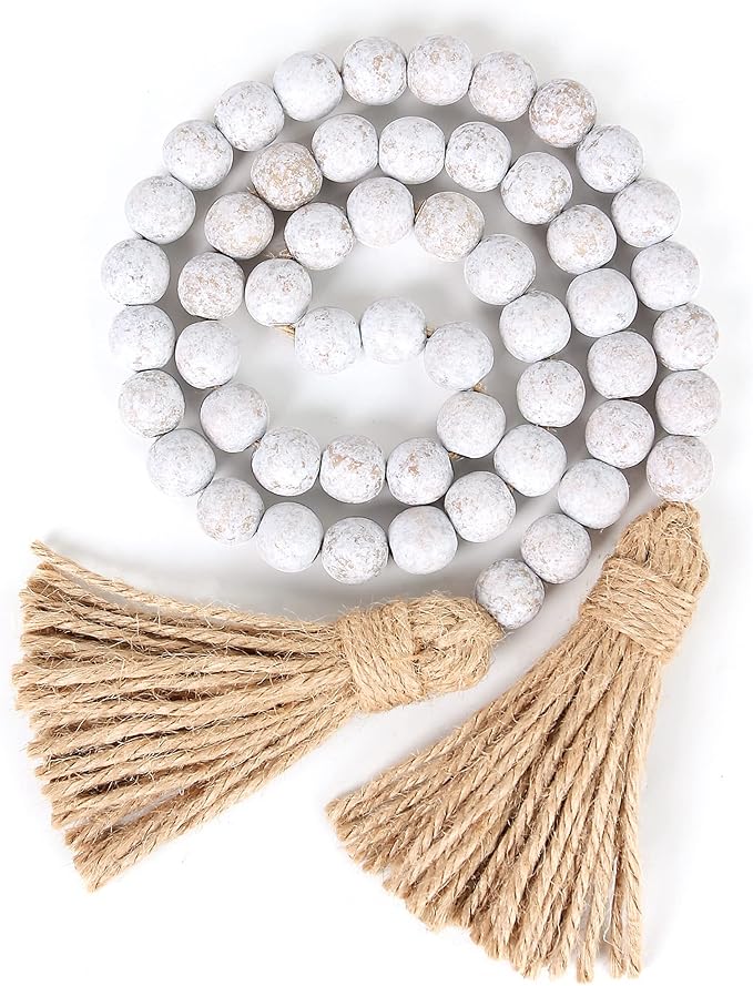 Wood Bead Garland Farmhouse Beads with Tassels,Farmhouse Tassel Garland Country Wall Hanging Decor Prayer Beads(39 inches)