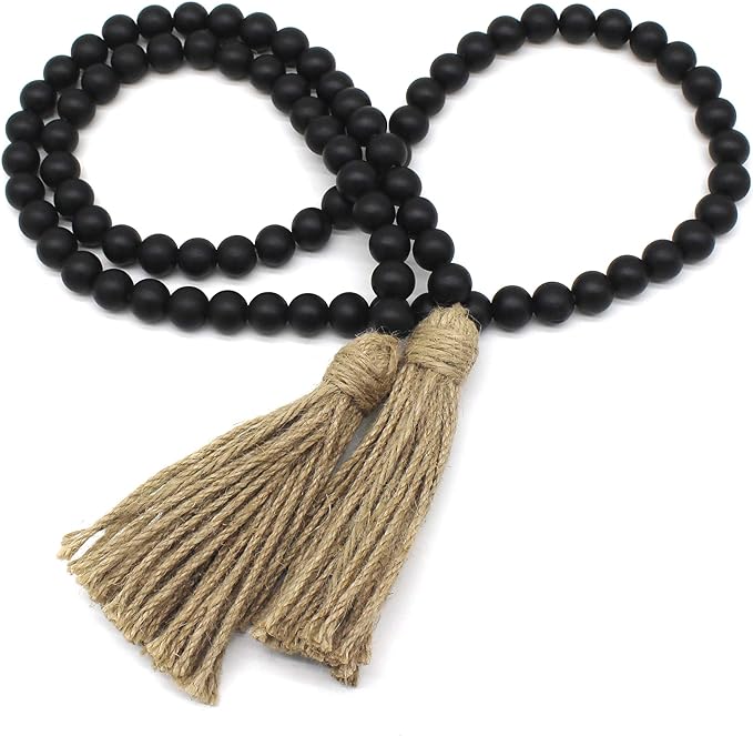 CVHOMEDECO. Wood Beads Garland with Tassels Farmhouse Rustic Wooden Prayer Bead String Wall Hanging Accent for Home Festival Decor. Black
