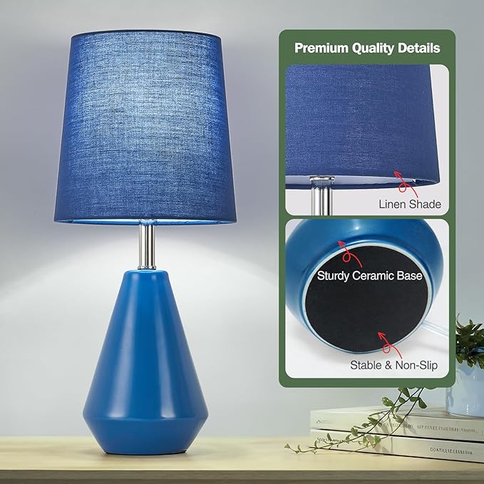 Small Bedside Table Lamp for Bedroom - Reading Desk Lamp with 3 Color Temperatures，15.5" Nightstand Ceramic Lamp with Fabric Shade for Kids Room,Living Room,Dorm,Home Office (Blue)