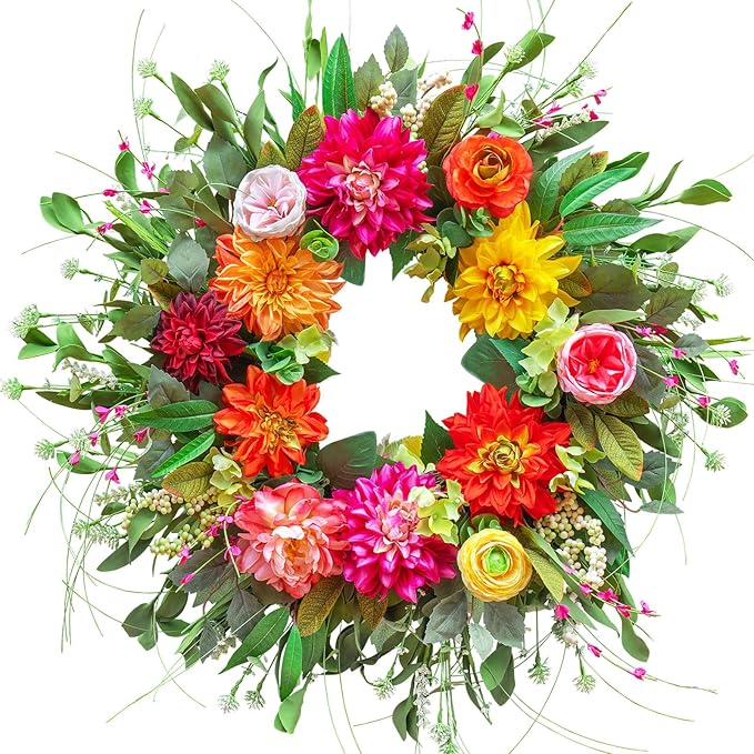 Spring Wreaths for Front Door Outside,24 Inch Summer Wreath with Peony Dahlia Rose and Greenery,Outdoor Wreath for Farmhouse Wall Porch Home Decor