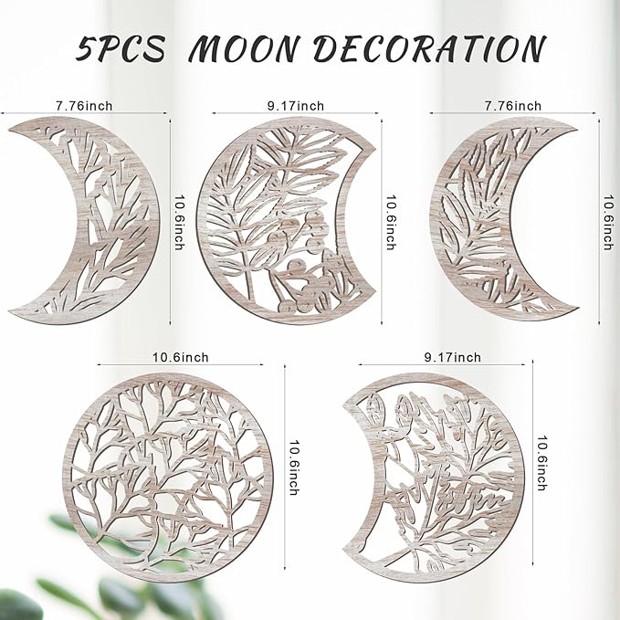 Jetec 5 Pcs Moon Phase Wall Art Decor Wall Pediments Hanging Wooden Phase Spiritual Bedroom Nordic Boho Lunar Aesthetic Art for Living Room Dorm Apartment Ornament(Vintage Color,10.6 Inch,Botanical)