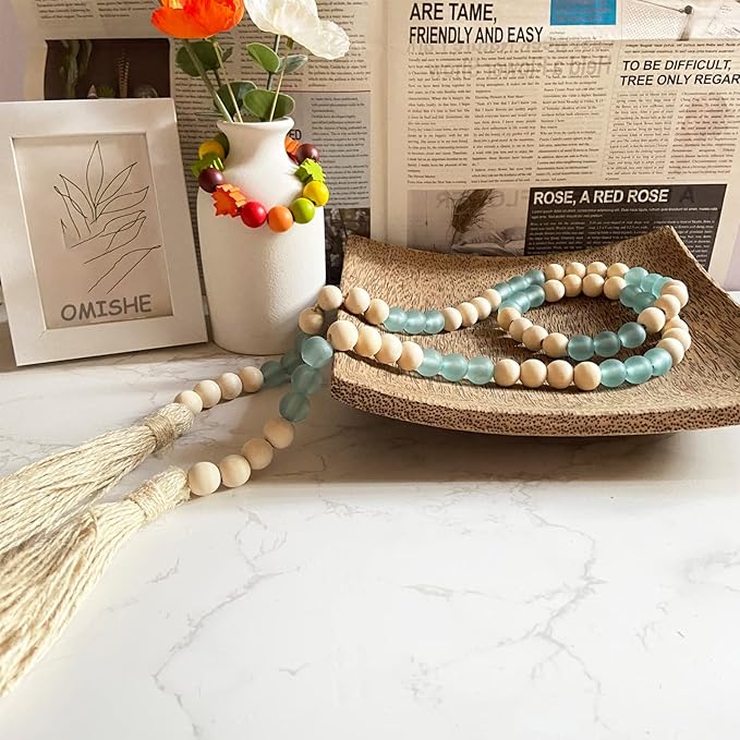 OMISHE Wood Bead Garland with Tassels 52 Inches, Handmade Wooden Beads with Round Acrylic Beads, Boho Wooden Beads Home Decor, Farmhouse Beads Garland for Tiered Tray Decor Beach Decor Green