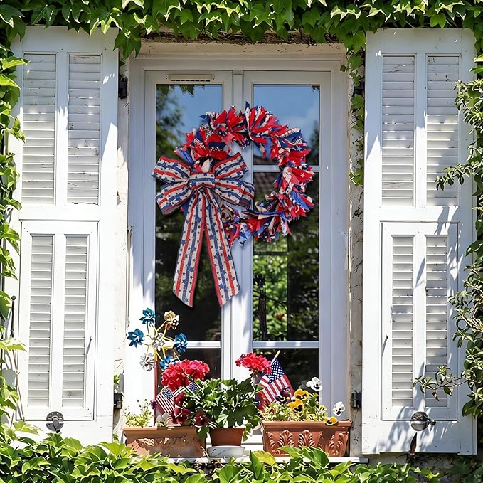 Retrowavy 16 Inch Patriotic Wreath with Bow, 4th of July Wreaths for Front Door Red White and Blue Wreath for 250th Anniversary Memorial Day Independence Day Porch Farmhouse Holiday Decor Vintage