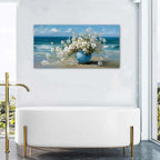 AIYISU Vintage Flowers Canvas Wall Art White Blossom Painting Retro Flowers in Blue Vase Pictures Blue Ocean Coastal Landscape Prints Poster Floral Artwork for Bathroom Bedroom Home Decoration 24x48